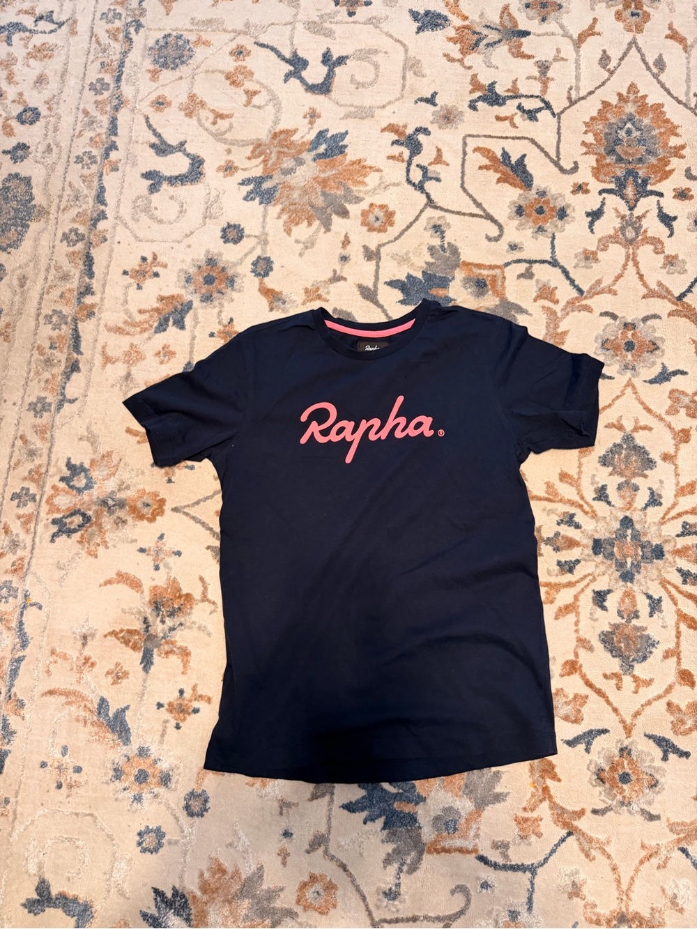 Rapha Navy Tee with Pink Script Logo